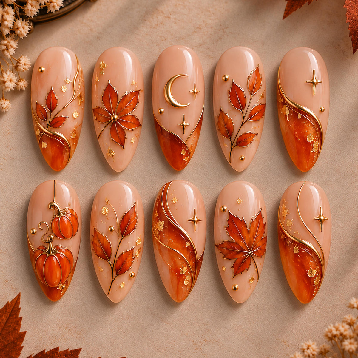 Autumn Maple Leaf and Pumpkin Press On Nail Set With Gold Details