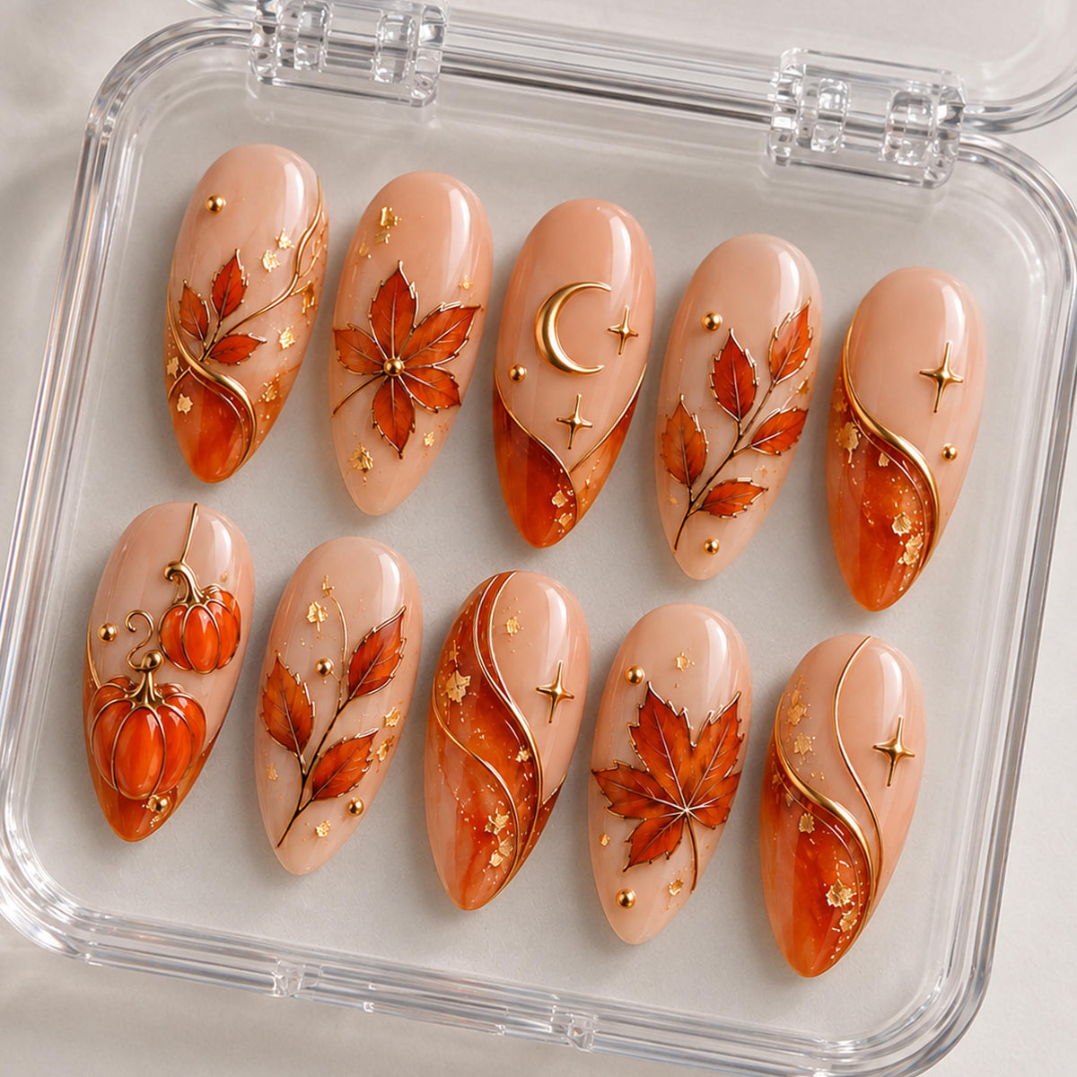 Autumn Maple Leaf and Pumpkin Press On Nail Set With Gold Details