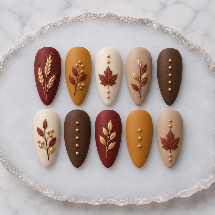 Autumn Maple Leaf and Wheat Press On Nail Set in Burgundy, Mustard, Cream, and Brown
