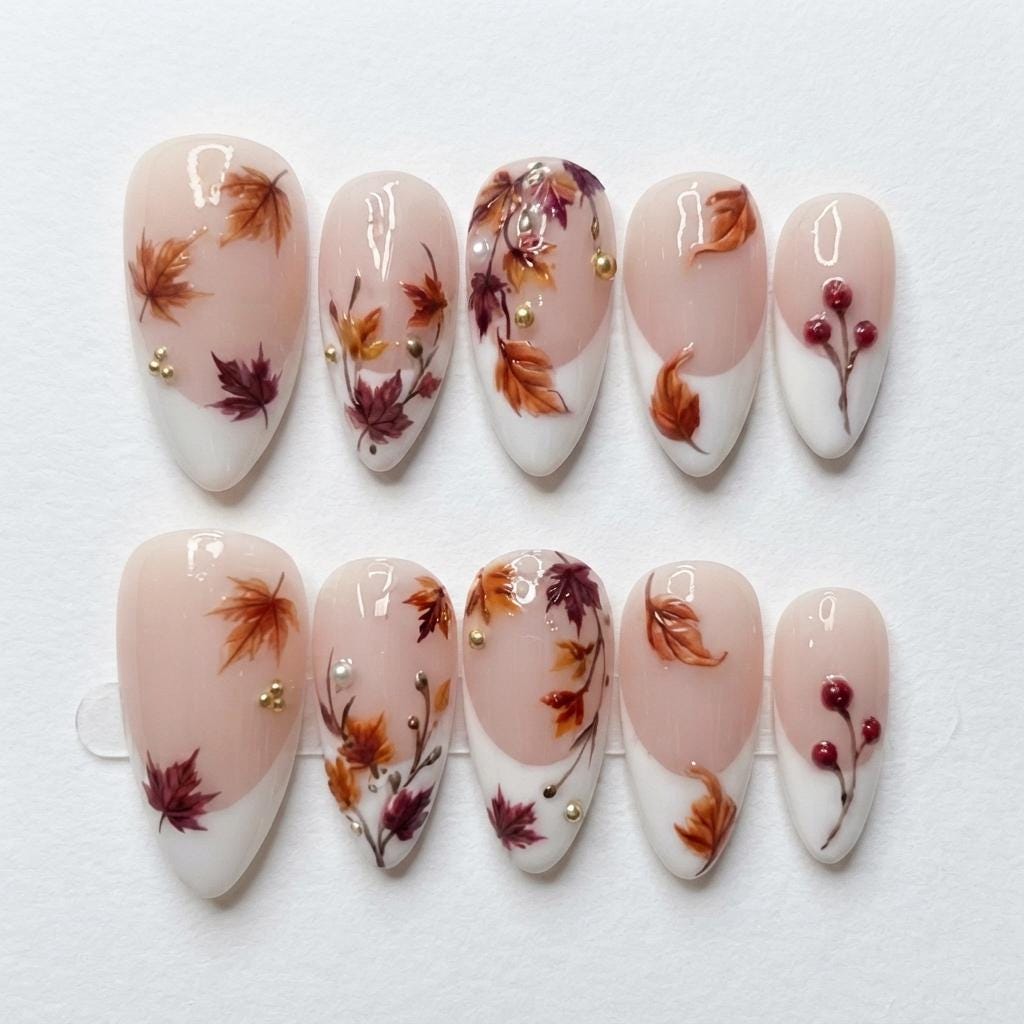 Autumn Maple Leaf French Tip Nail Set with Berries, Gold and Pearl Accents