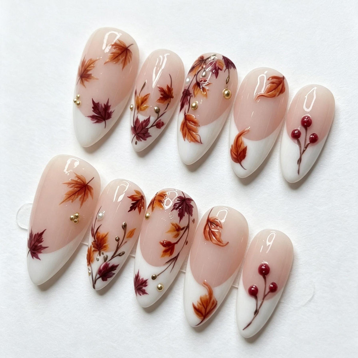 Autumn Maple Leaf French Tip Nail Set with Berries, Gold and Pearl Accents