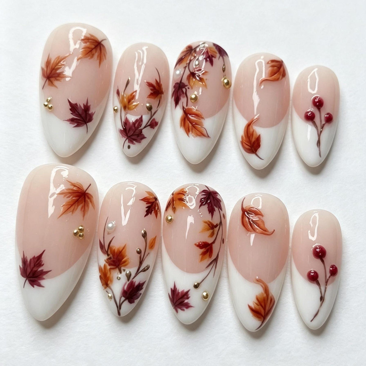 Autumn Maple Leaf French Tip Nail Set with Berries, Gold and Pearl Accents