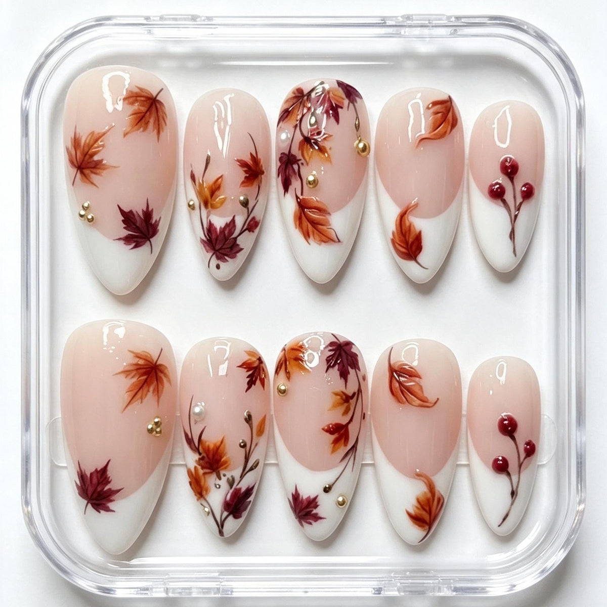 Autumn Maple Leaf French Tip Nail Set with Berries, Gold and Pearl Accents