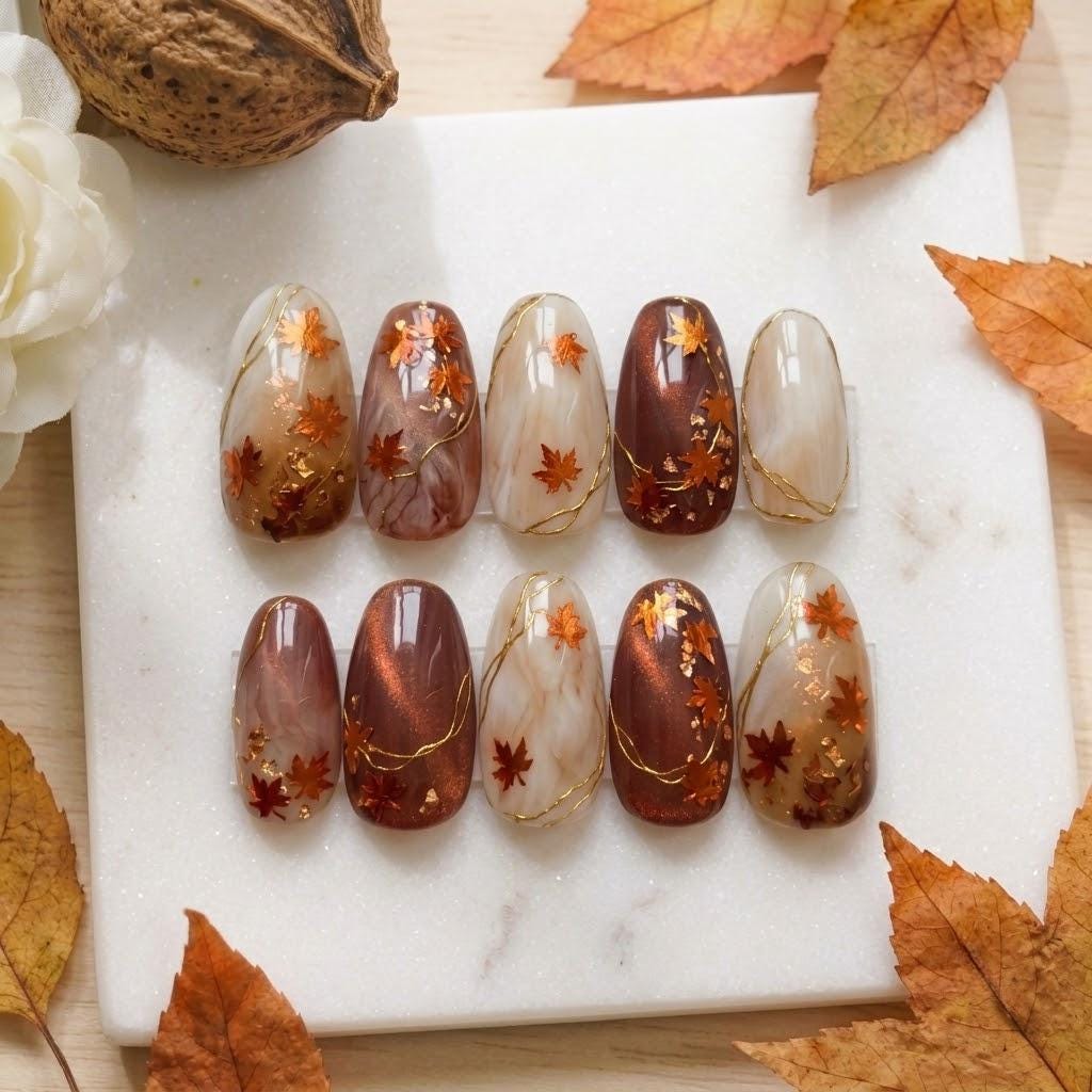 Autumn Maple Leaf Marble Cat Eye Press-On Nails With Gold Accents