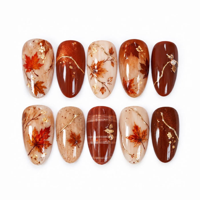 Autumn Maple Leaf Press On Nails With Gold Foil, Plaid and Rhinestone Details