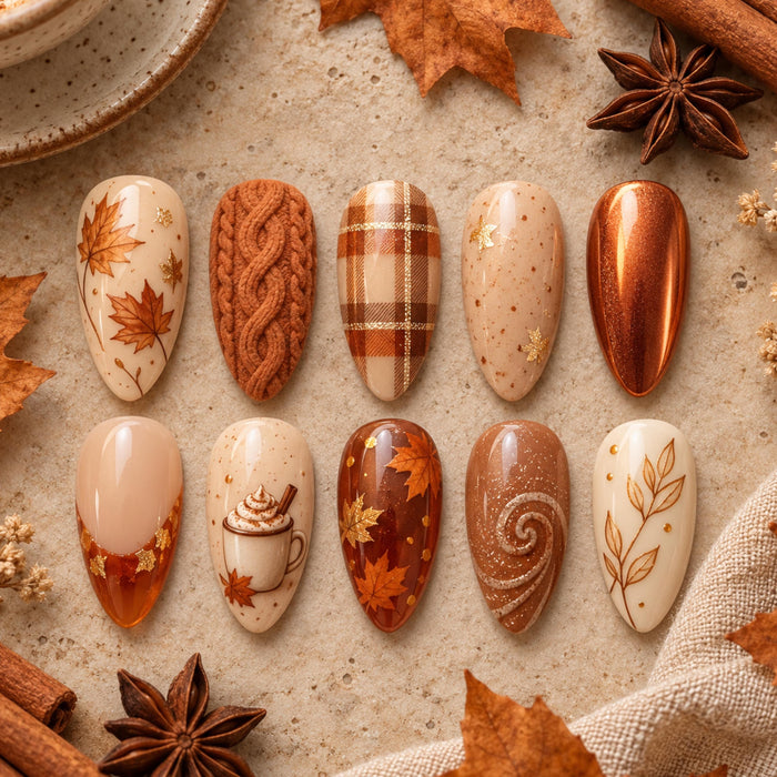 Autumn Maple Leaf, Plaid & Coffee Thanksgiving Press On Nail Set