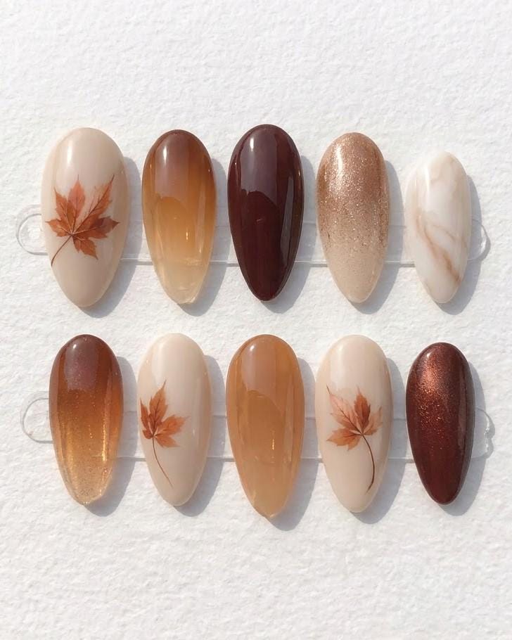 Autumn Maple Leaf Press-On Nail Set in Amber, Burgundy and Gold Shimmer