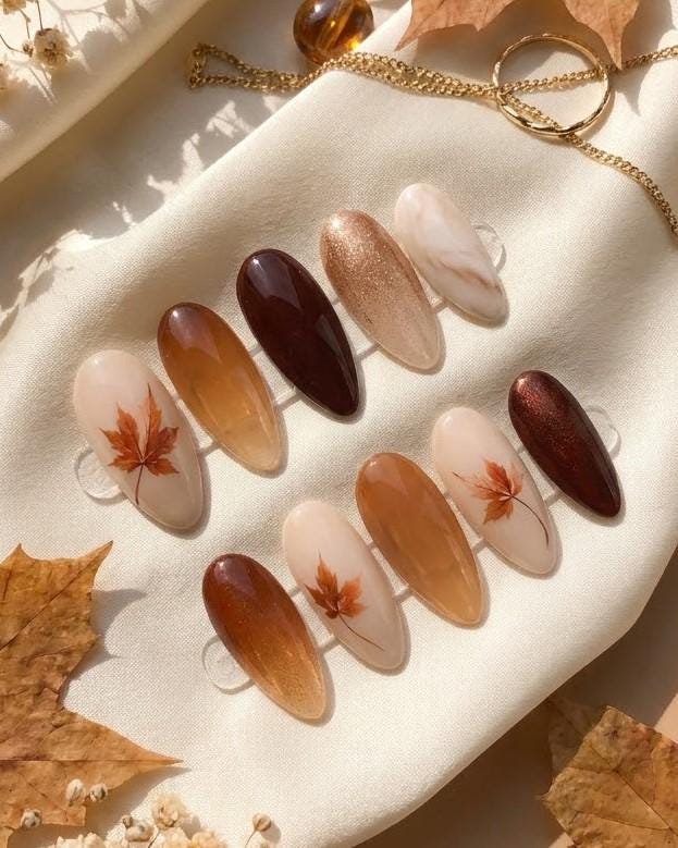 Autumn Maple Leaf Press-On Nail Set in Amber, Burgundy and Gold Shimmer