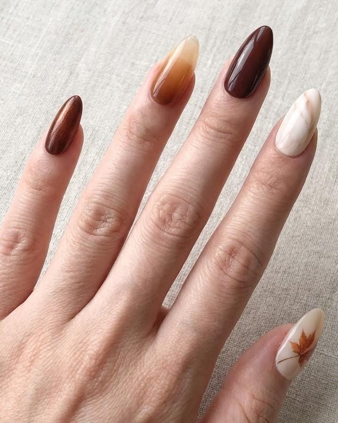 Autumn Maple Leaf Press-On Nail Set in Amber, Burgundy and Gold Shimmer