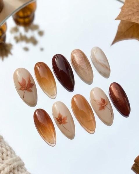 Autumn Maple Leaf Press-On Nail Set in Amber, Burgundy and Gold Shimmer