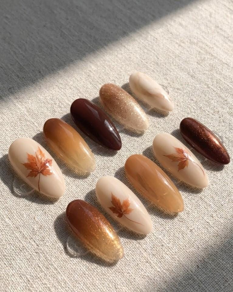 Autumn Maple Leaf Press-On Nail Set in Amber, Burgundy and Gold Shimmer