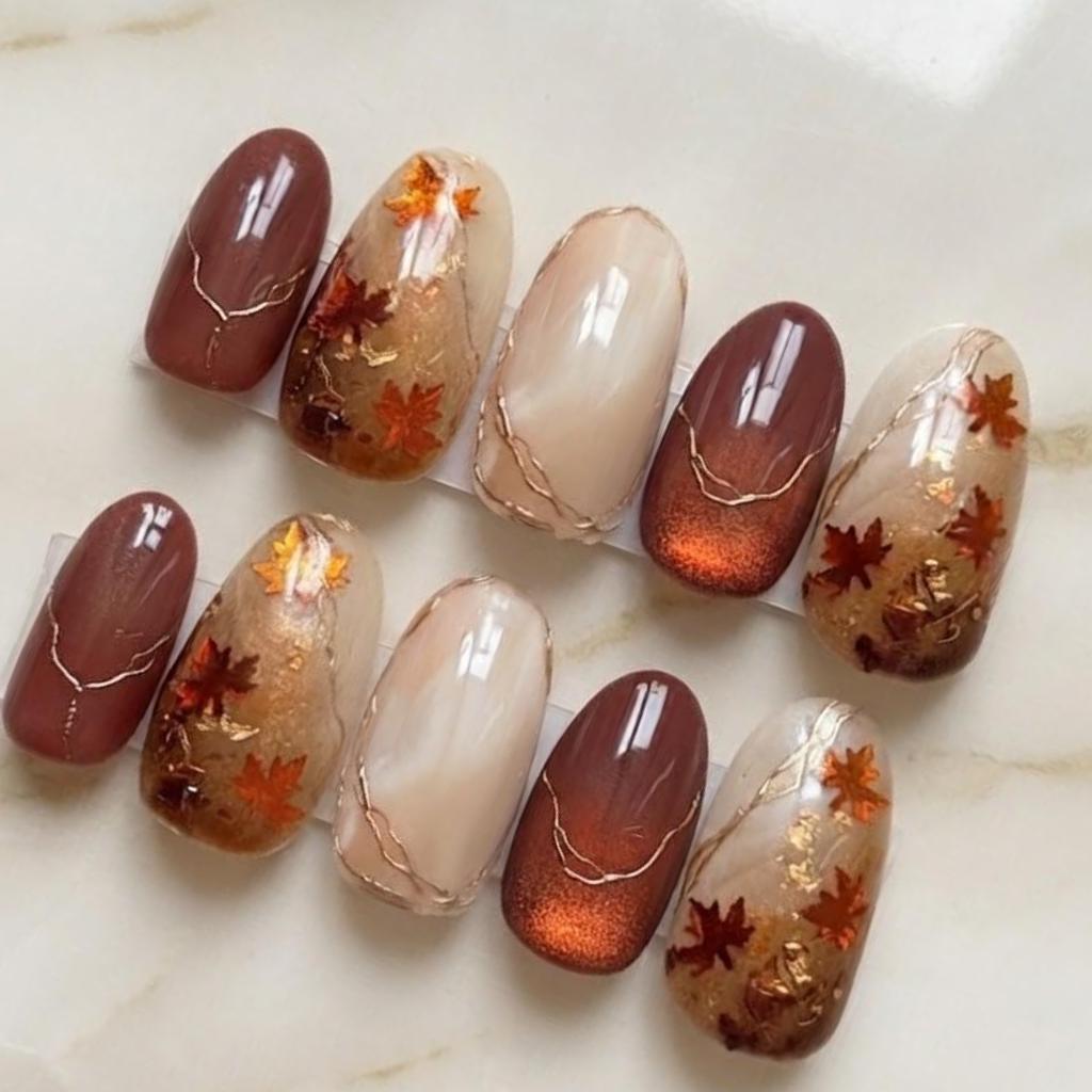 Autumn Maple Leaf Press-On Nail Set With Brown, Copper and Gold Foil