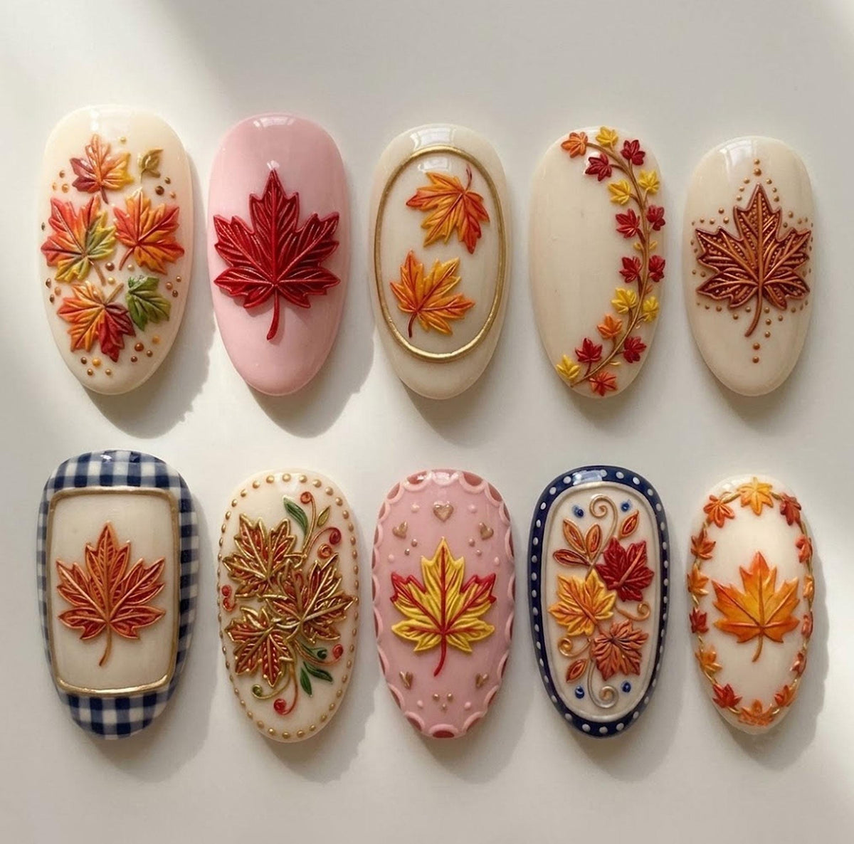 Autumn Maple Leaf Press-On Nails with 3D Foliage and Gingham Details