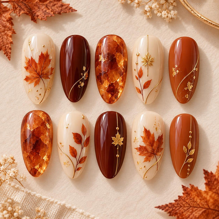 Autumn Maple Leaf Press On Nails With Amber Tortoiseshell and Gold Details