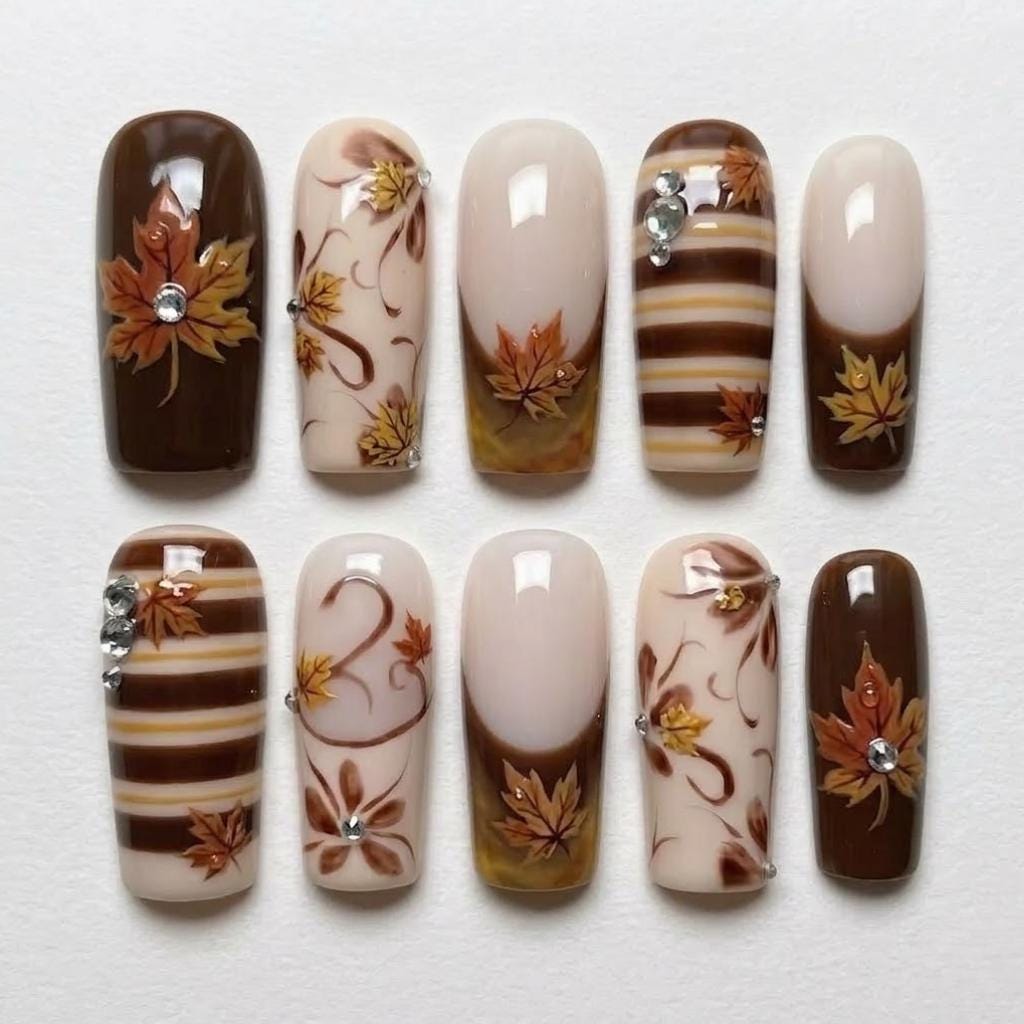 Autumn Maple Leaf Press On Nails With Brown, Cream and Gold Stripes