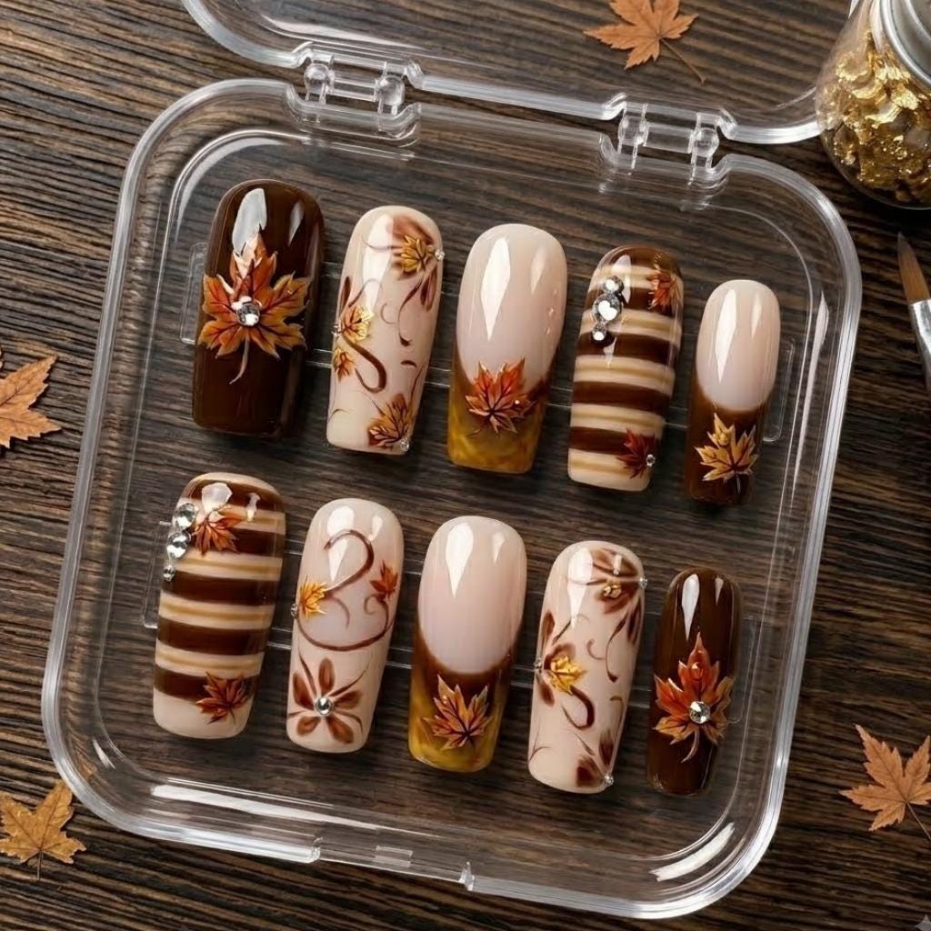 Autumn Maple Leaf Press On Nails With Brown, Cream and Gold Stripes