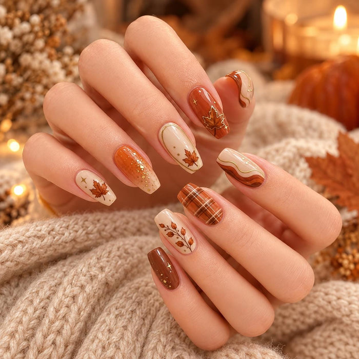 Autumn Maple Leaf Press On Nails With Burnt Orange French Tips, Plaid and Gold Accents