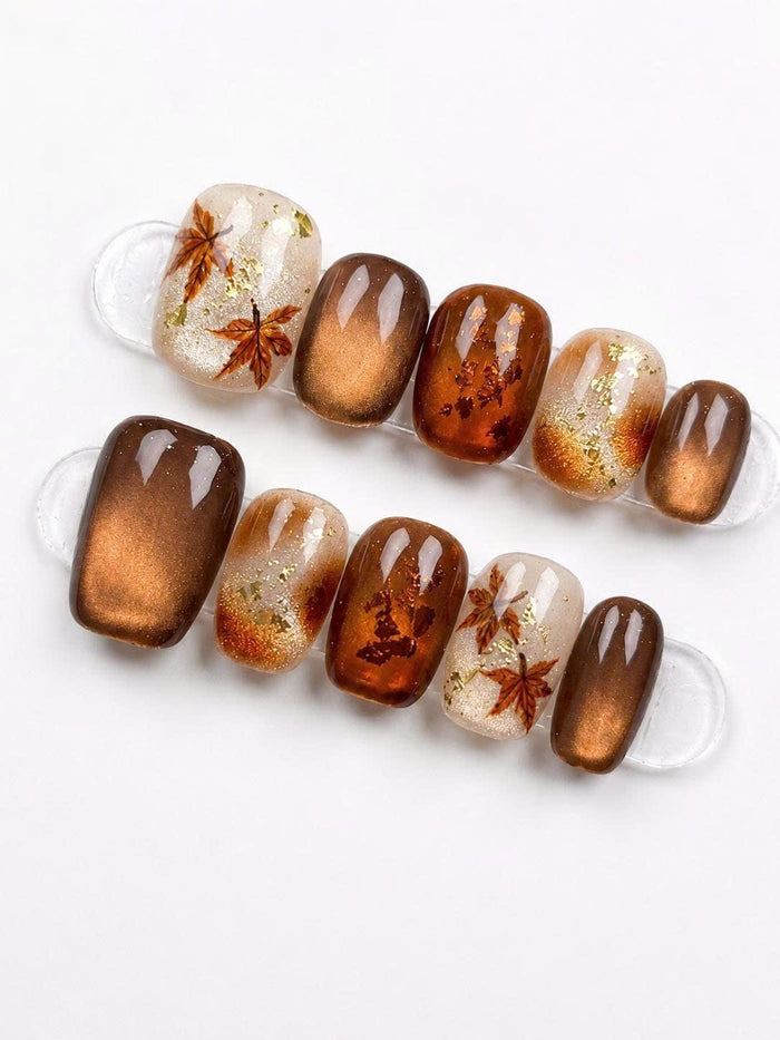 Autumn Maple Leaf Press On Nails with Copper Cat Eye and Gold Glitter