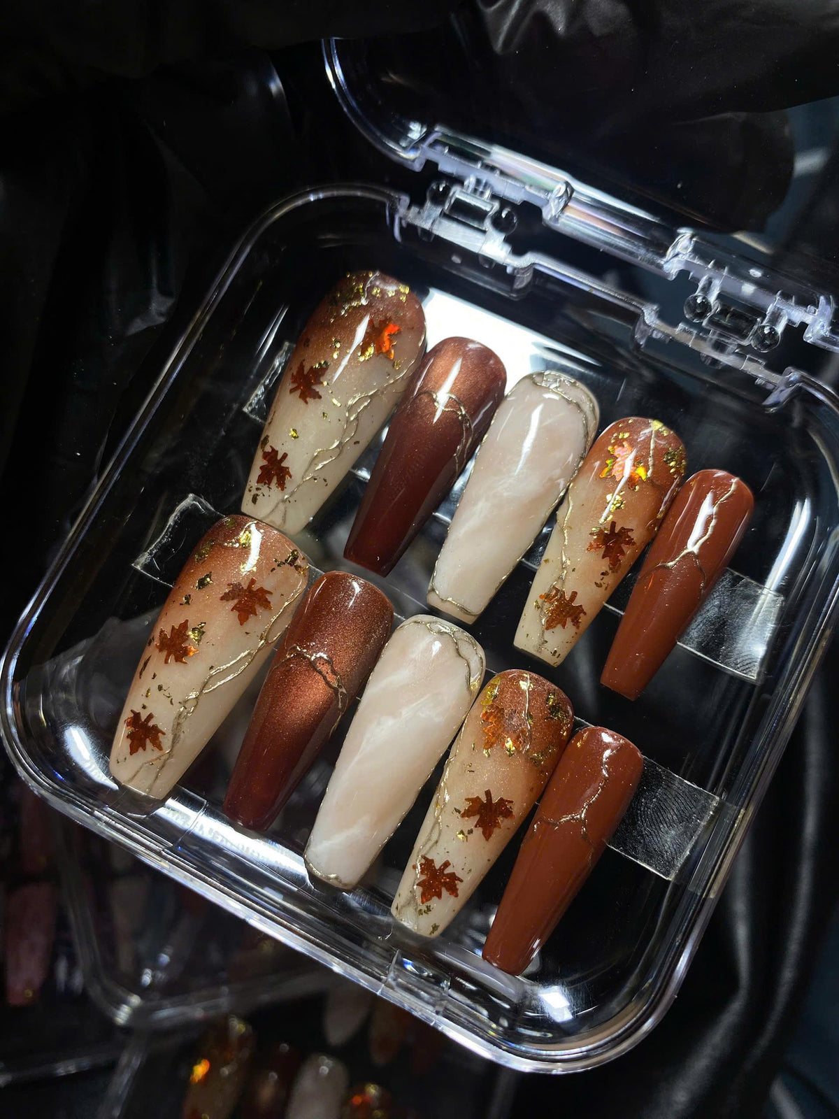 Autumn Maple Leaf Press On Nails with Copper, Gold Foil & Fine Veining