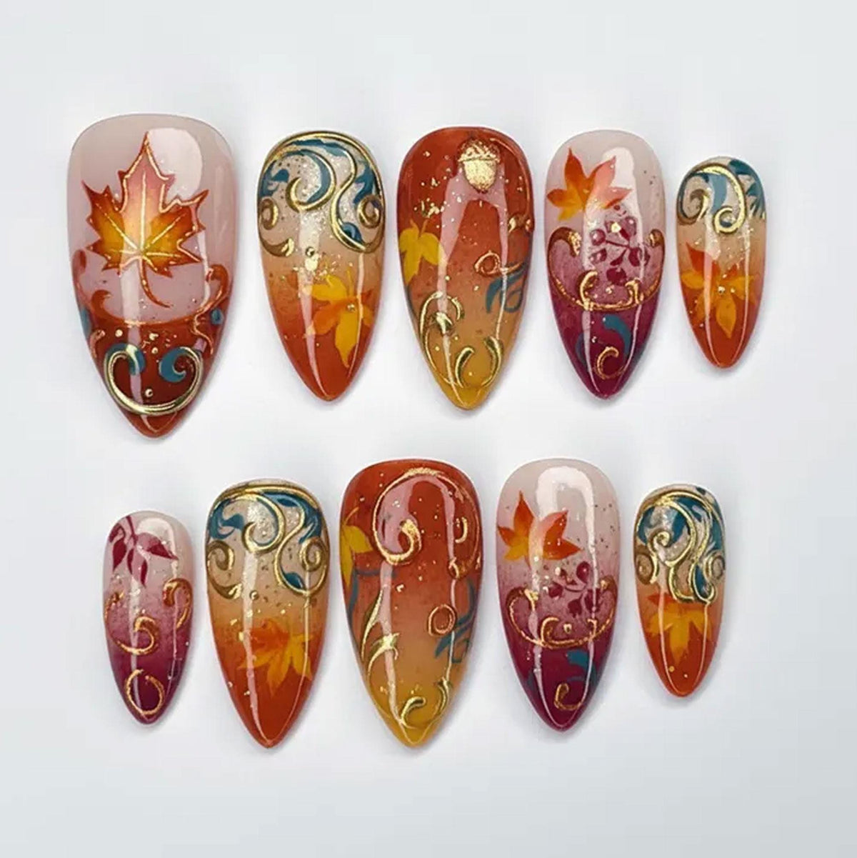 Autumn Maple Leaf Press On Nails With Gold Swirls