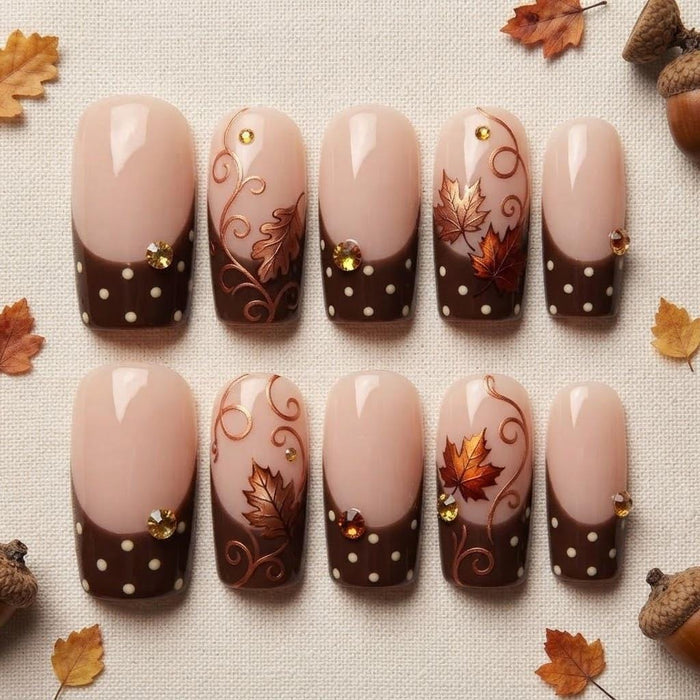 Autumn Maple Leaf Thanksgiving Press On Nails With Brown Polka Dot French Tips