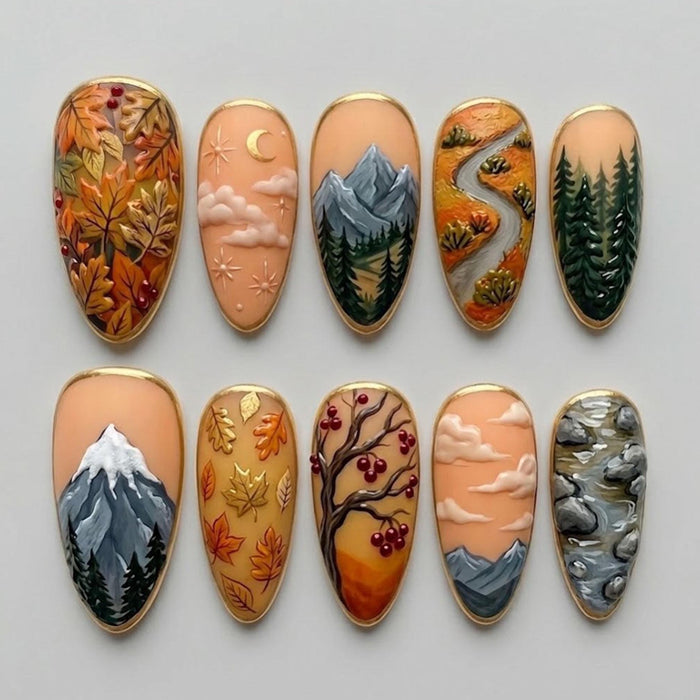 Autumn Mountain Landscape Press On Nails With Gold Edging