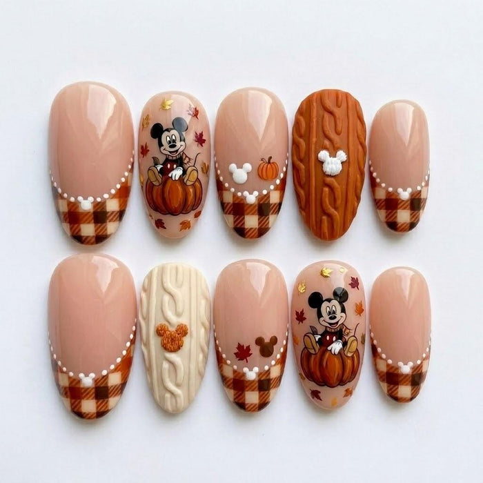 Autumn Mouse and Pumpkin Plaid Press On Nails With Textured Details