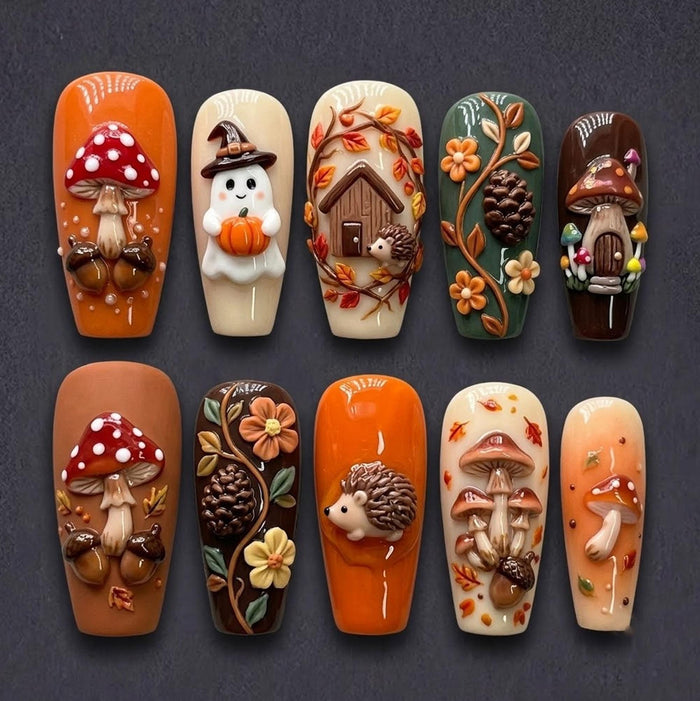 Autumn Mushroom and Hedgehog 3D Woodland Press On Nail Set