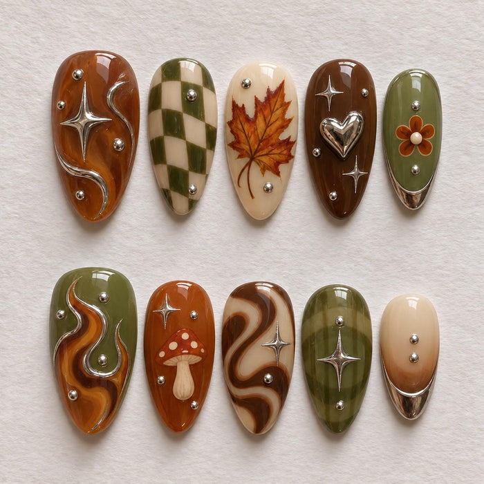 Autumn Mushroom and Leaf Press On Nails with Amber Checks and Silver Accents