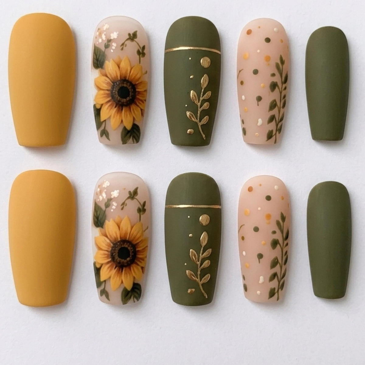 Autumn Olive Green and Mustard Sunflower Botanical Nail Set