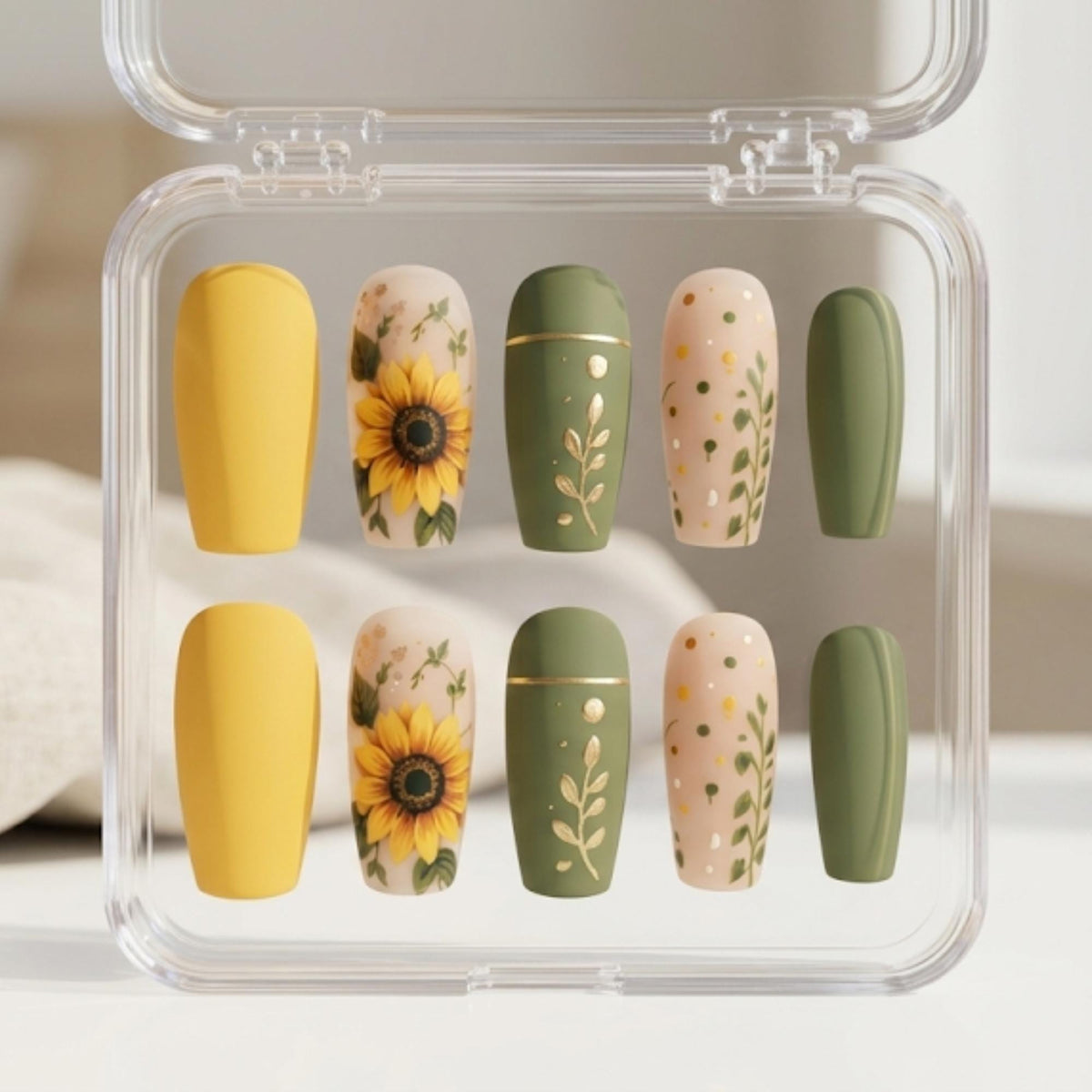 Autumn Olive Green and Mustard Sunflower Botanical Nail Set