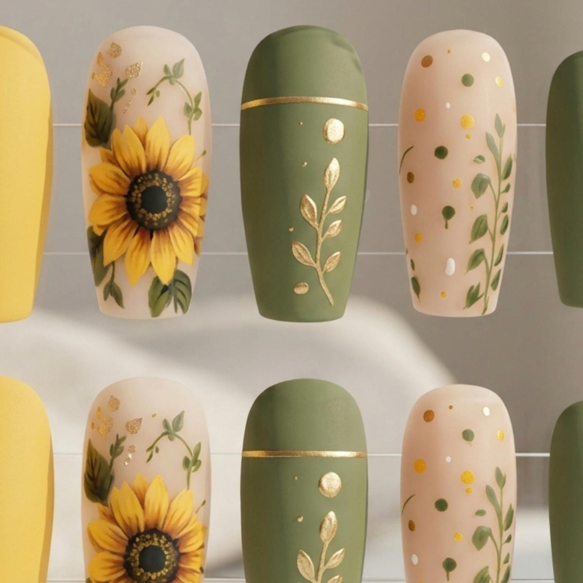 Autumn Olive Green and Mustard Sunflower Botanical Nail Set
