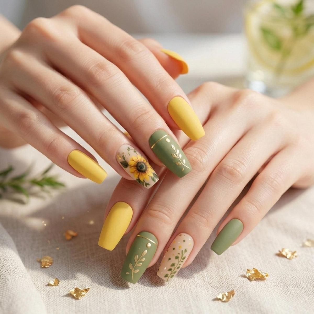 Autumn Olive Green and Mustard Sunflower Botanical Nail Set