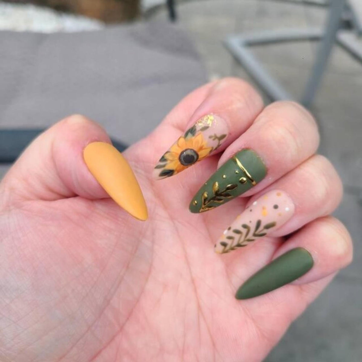 Autumn Olive Green and Mustard Sunflower Botanical Nail Set