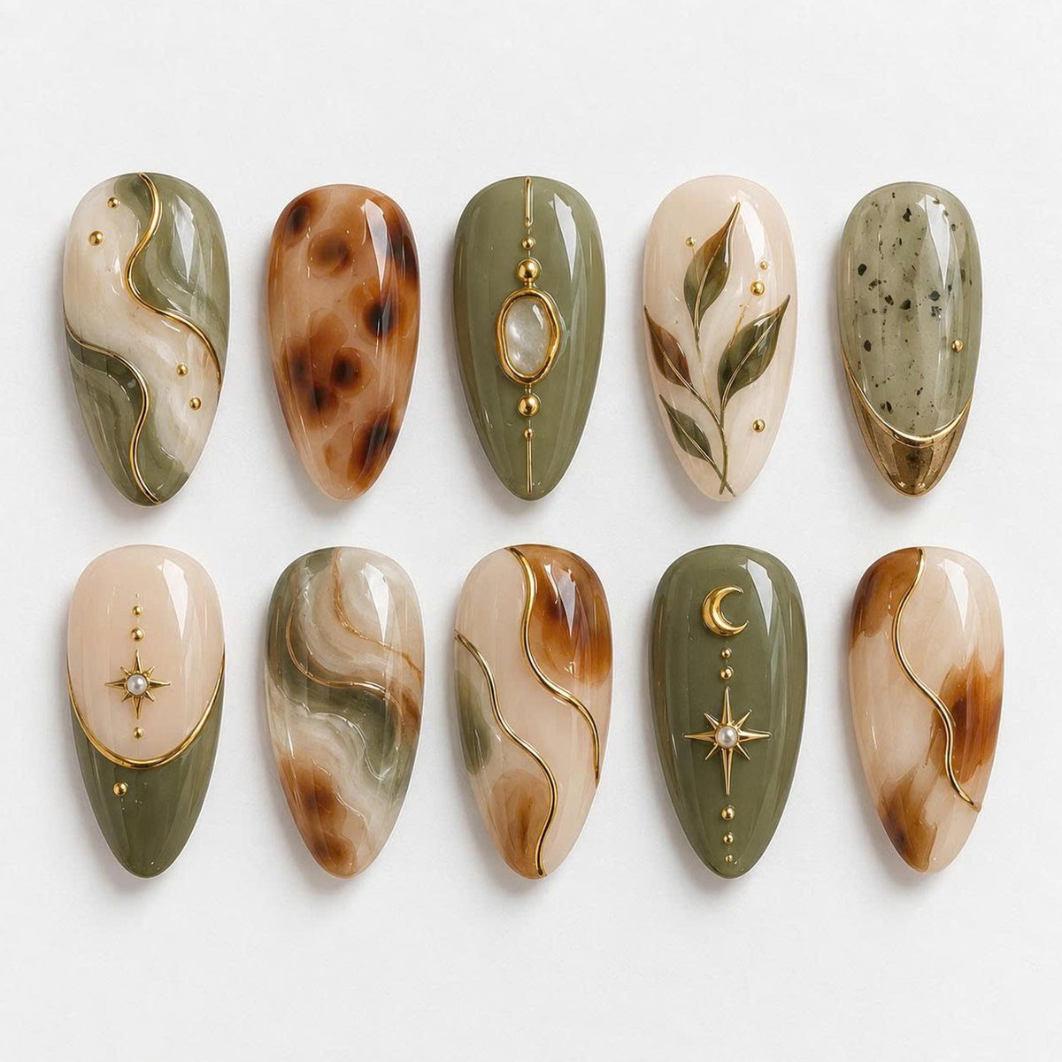 Autumn Olive Green and Tortoiseshell Marble Nails with Gold Botanical and Celestial Details