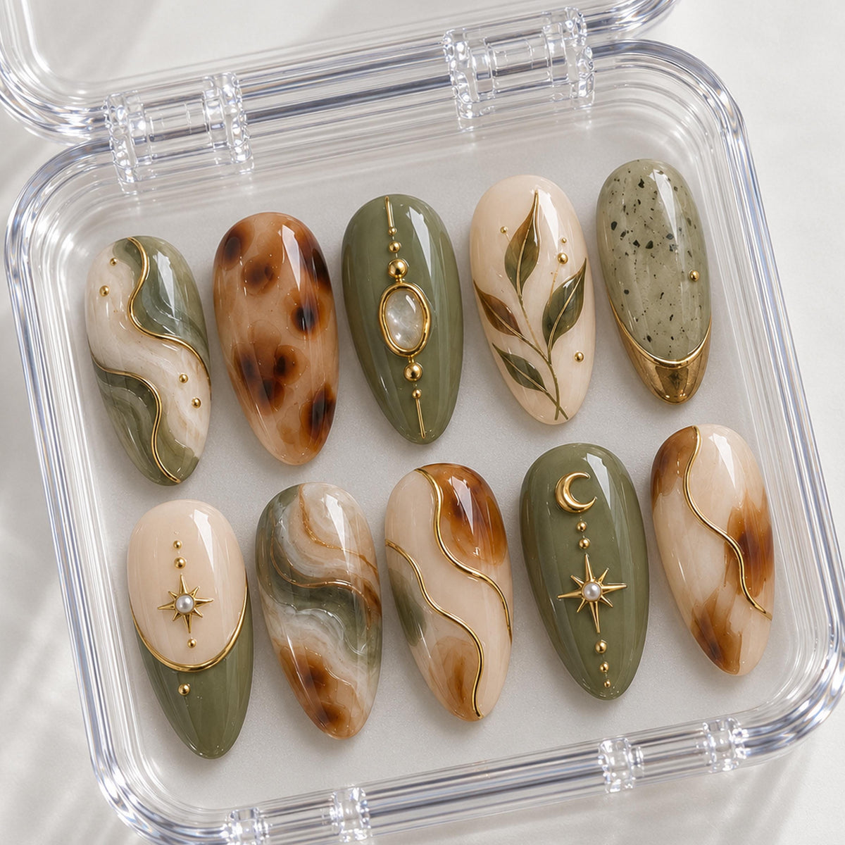 Autumn Olive Green and Tortoiseshell Marble Nails with Gold Botanical and Celestial Details