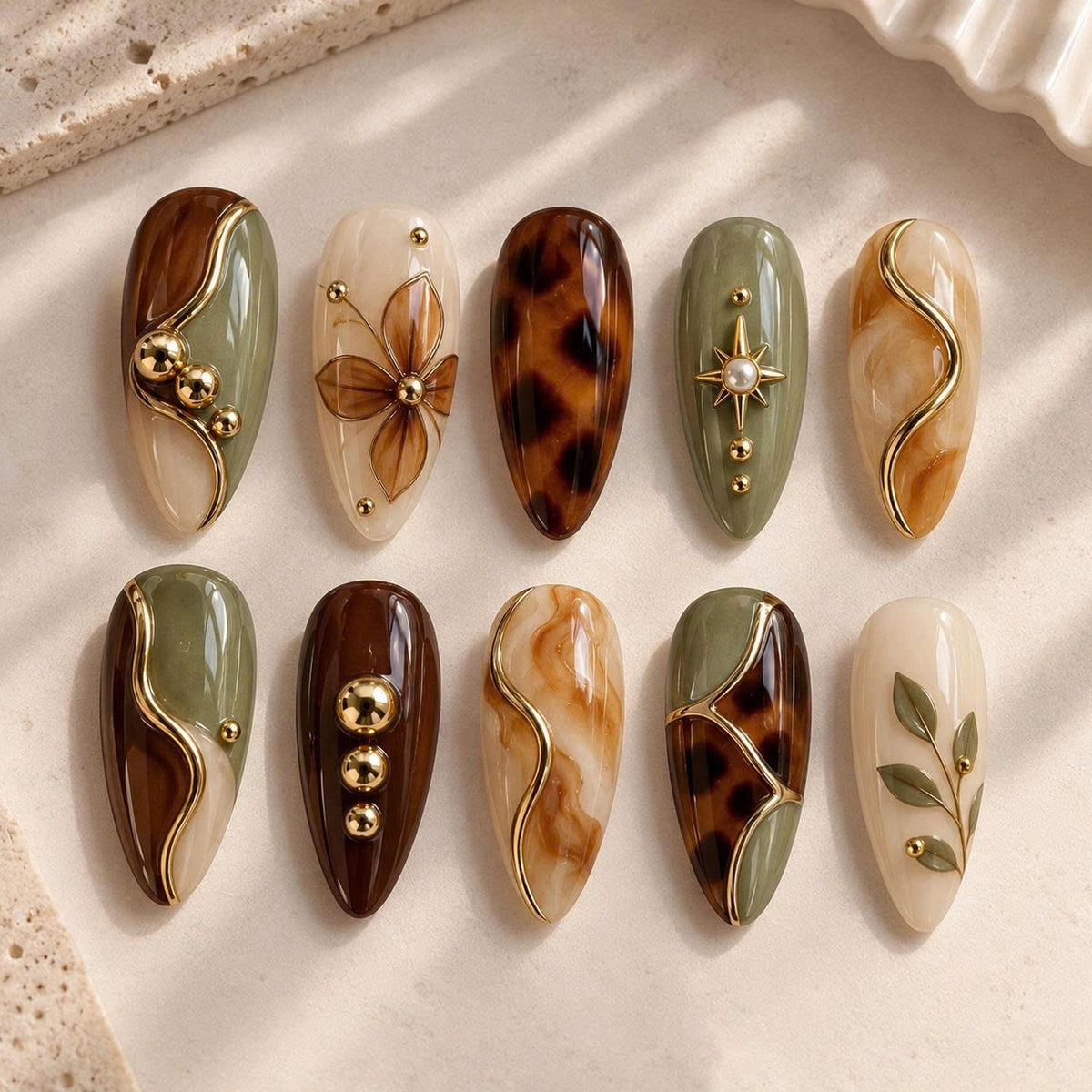 Autumn Olive Green and Tortoiseshell Nails with Gold Botanical Accents