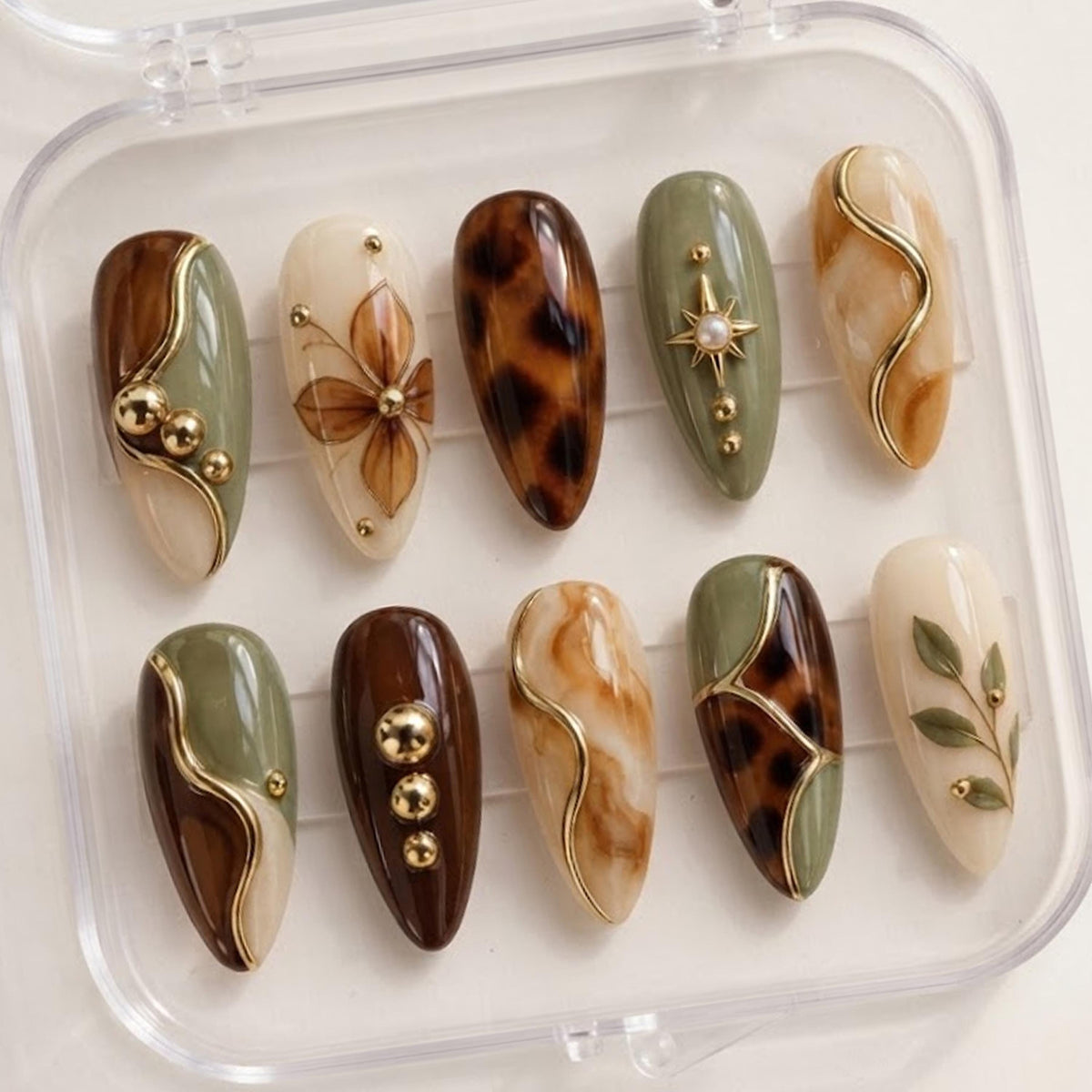 Autumn Olive Green and Tortoiseshell Nails with Gold Botanical Accents