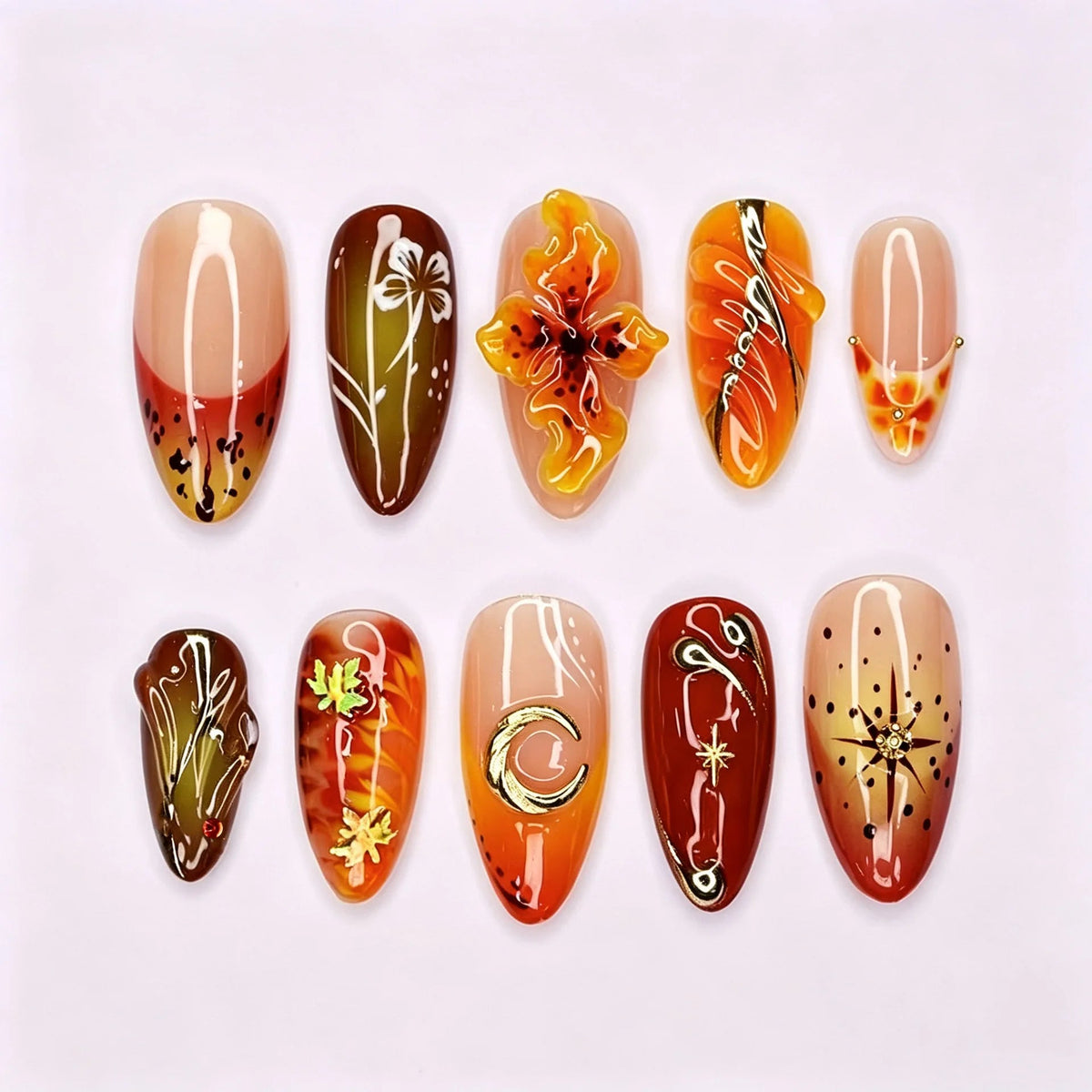 Autumn Orange and Brown Floral Press-On Nails with Raised 3D Flower