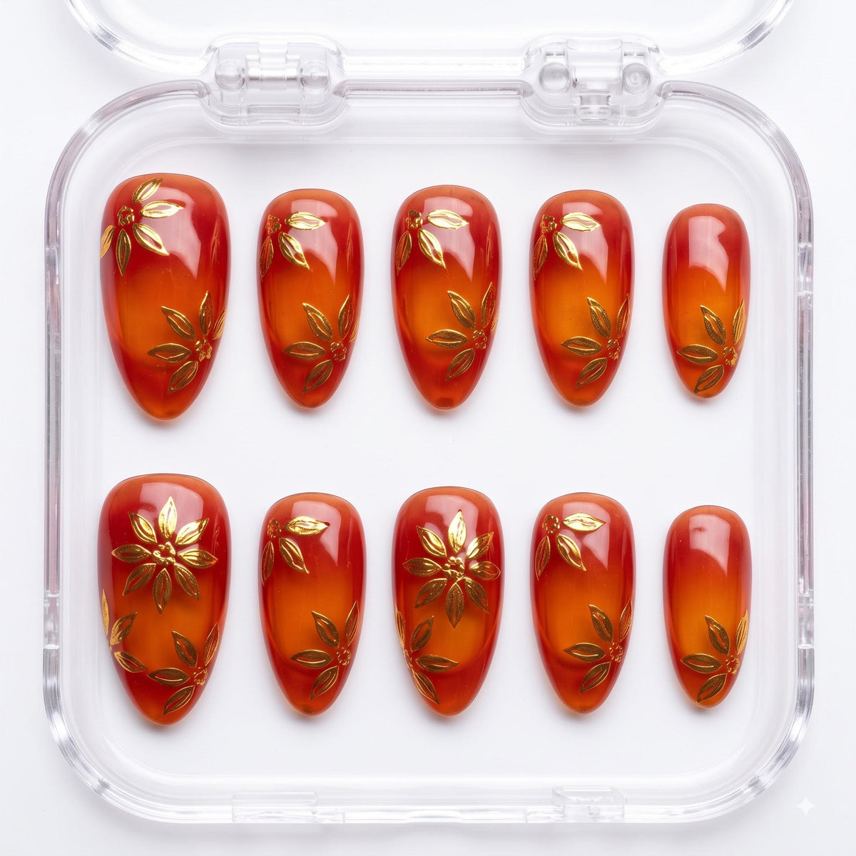 Autumn Orange Cat Eye Press On Nails With Gold Leaf Flowers