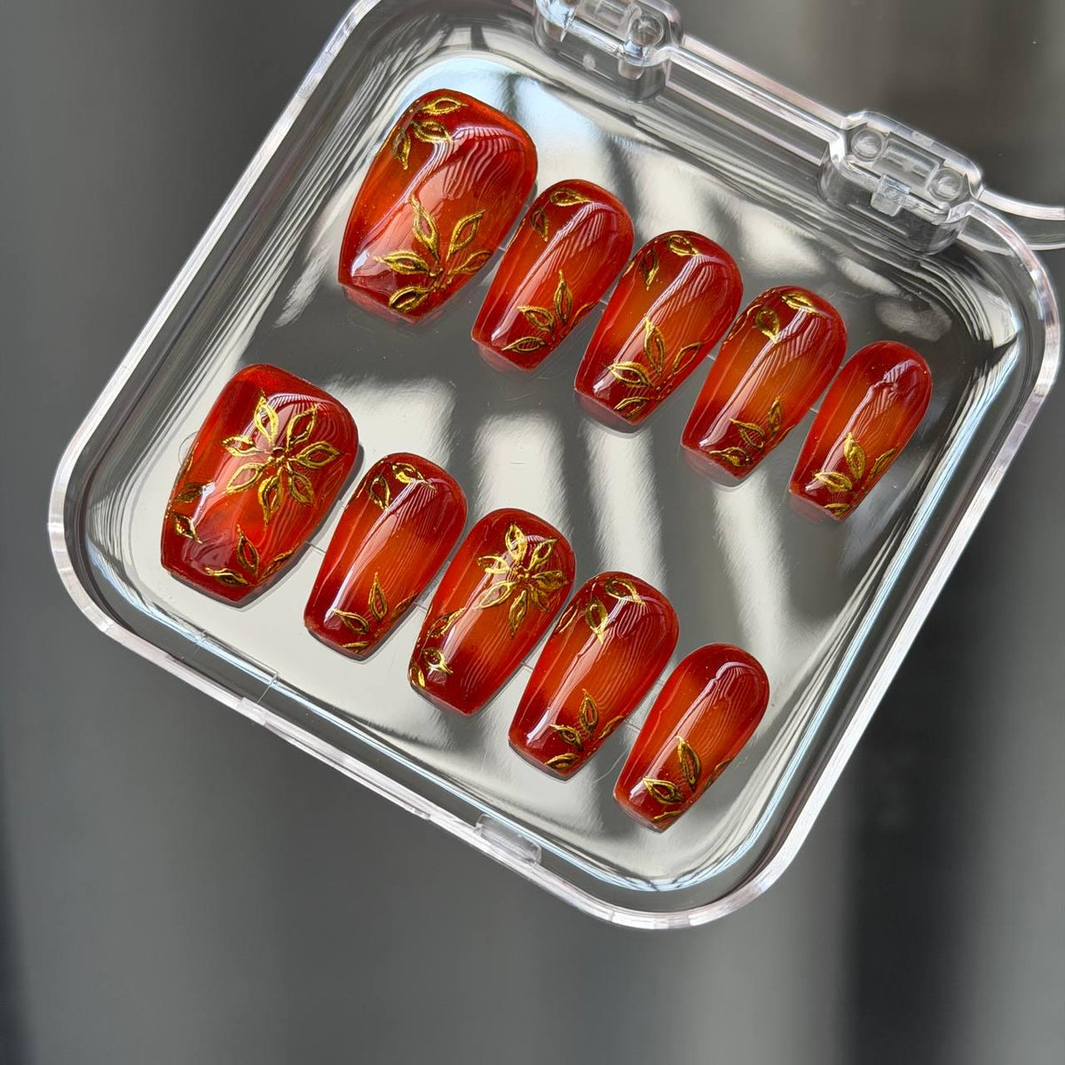 Autumn Orange Cat Eye Press On Nails With Gold Leaf Flowers