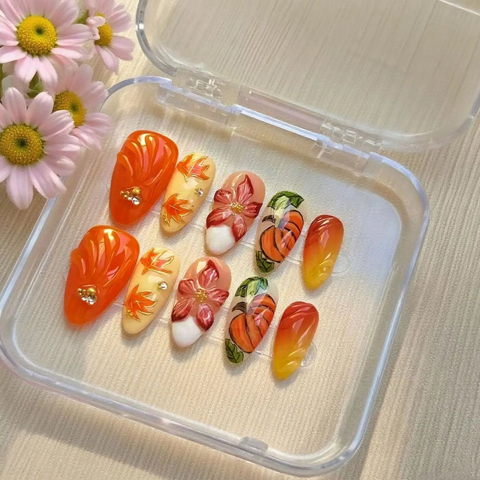Autumn Orange Fruit and Pink Flower Press On Nails