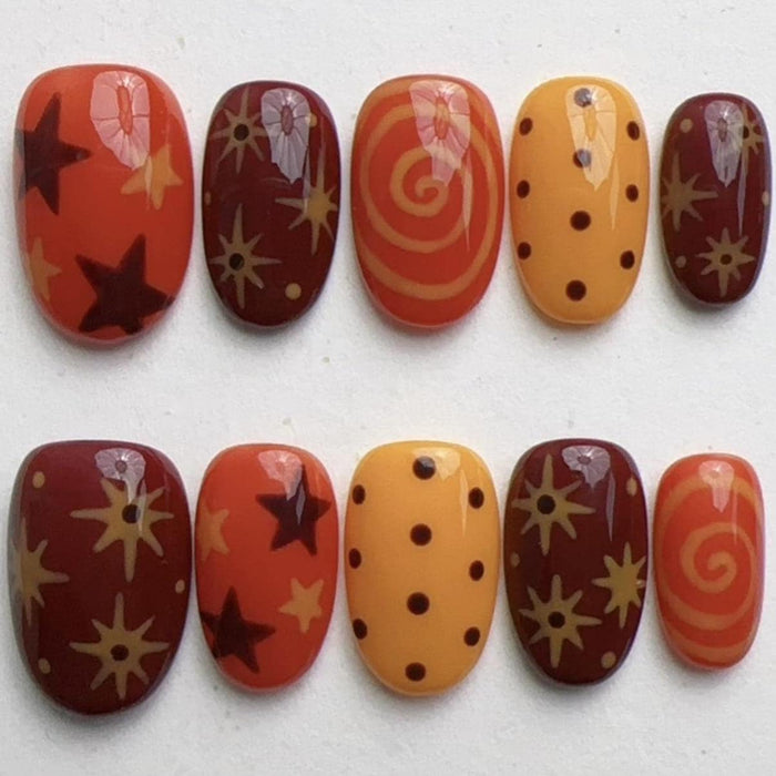 Autumn Orange Starburst and Swirl Press-On Nail Set