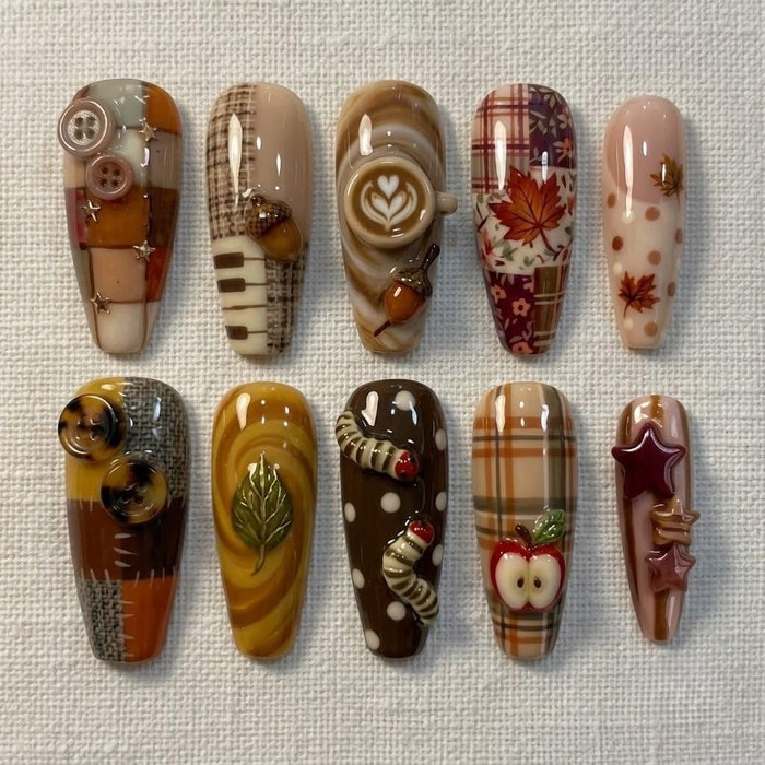 Autumn Patchwork and Plaid Press On Nails With Coffee, Acorns, and Maple Leaves
