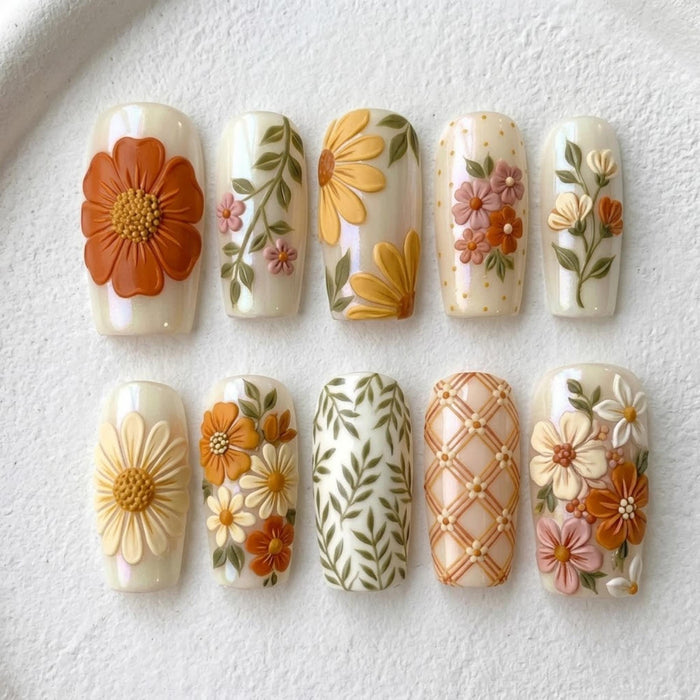 Autumn Pearl Ivory 3D Floral Press On Nails with Plaid and Green Leaf Details