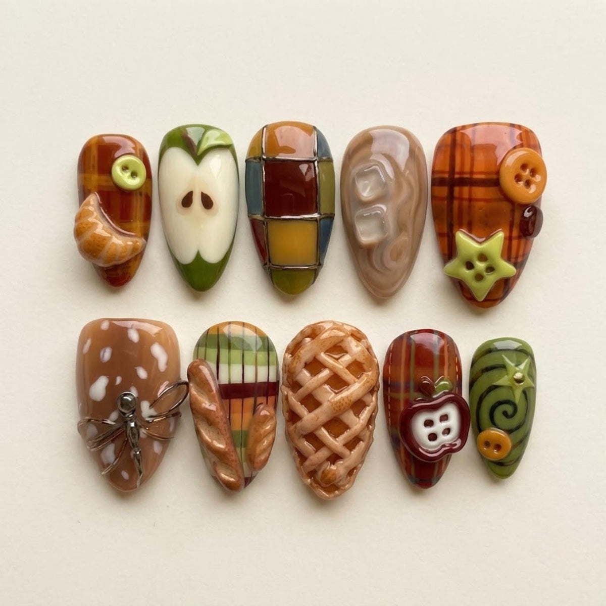 Autumn Picnic Press On Nails With Plaid, Pastry, Apple and Dragonfly Details