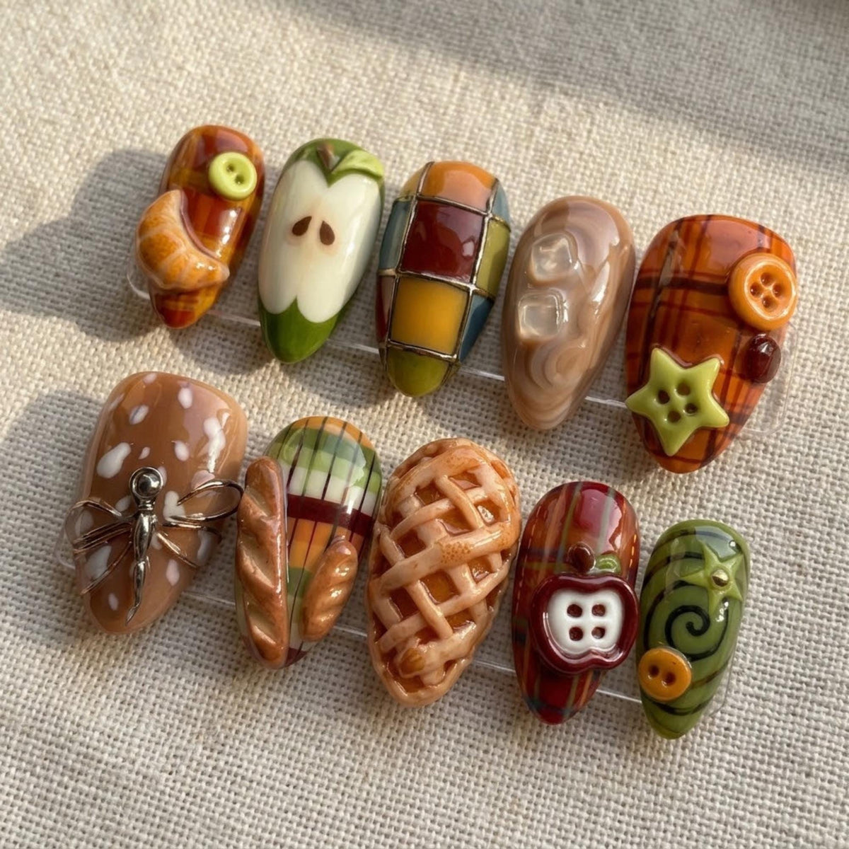 Autumn Picnic Press On Nails With Plaid, Pastry, Apple and Dragonfly Details