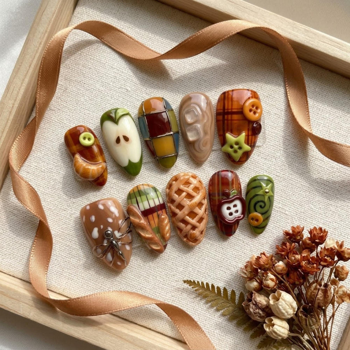 Autumn Picnic Press On Nails With Plaid, Pastry, Apple and Dragonfly Details