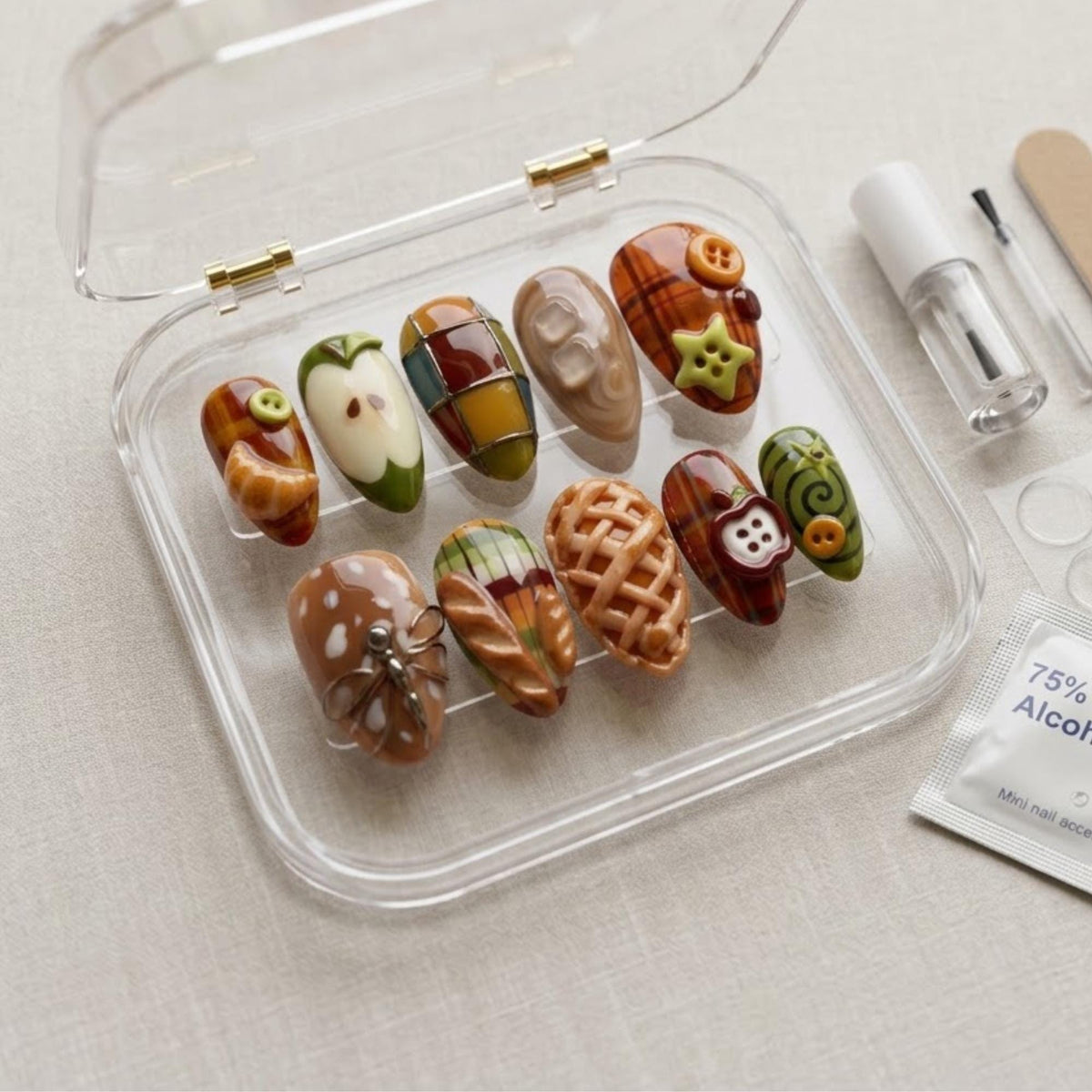 Autumn Picnic Press On Nails With Plaid, Pastry, Apple and Dragonfly Details