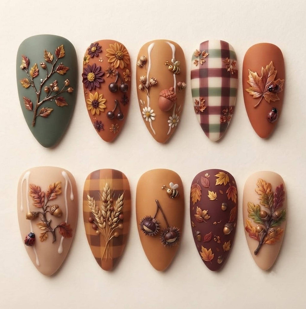 Autumn Plaid and Botanical Press On Nails in Sage, Rust, and Burgundy